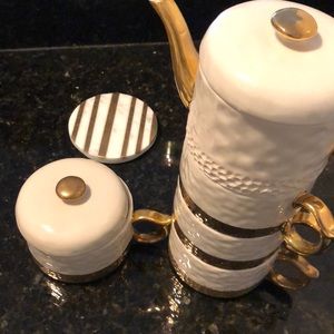 Anthropologie Gold and White teapot cup set